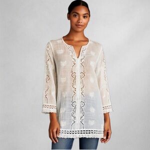 Chico’s Womens Blouse L White Eyelet Boho Embroidered Lace Cotton India WB